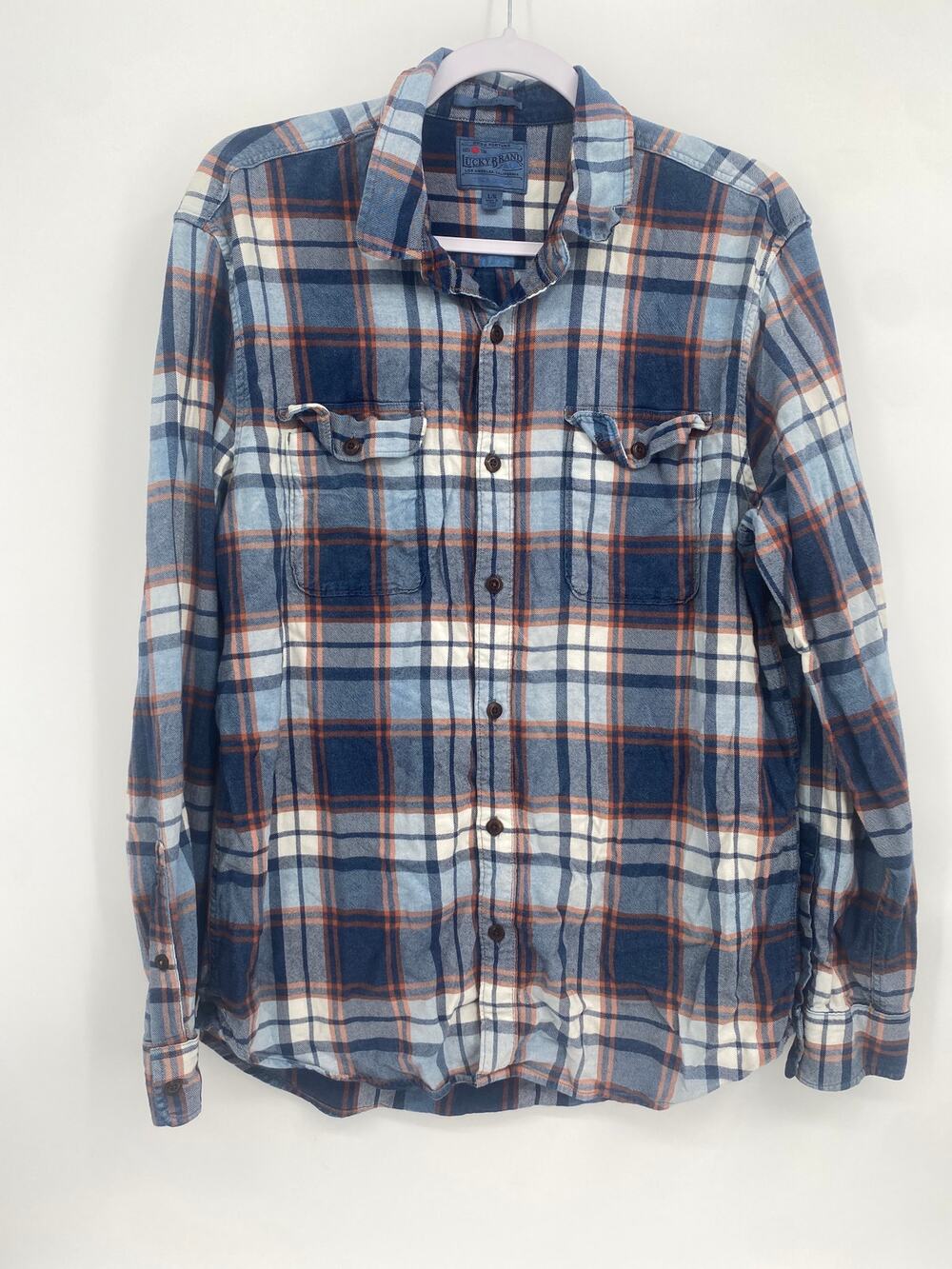 Lucky Brand Classic Plaid Flannel Shirt 4M43178 Navy Tan Men's Large